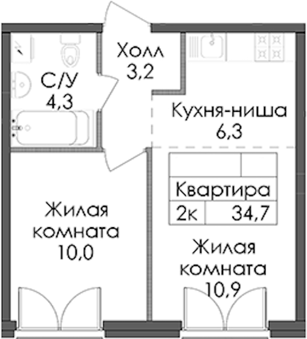 1-комнатная квартира 34.7 м², 4/9 эт., ЖК «Лермонтовский 54»